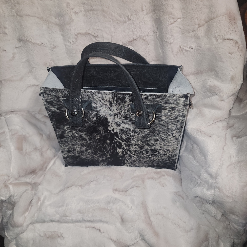 Elegant Black and Gray Cow Hide Textured Tote Bag